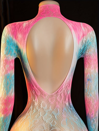 [Vibrant Jumpsuit] Vibrant Ombre Gradient Bodysuit Jumpsuit - Long Sleeve, Sheer Jacquard Design | Sexy, Adult Wear, Adult Clothing, Vibrant Pink, Blue, and Purple Hues