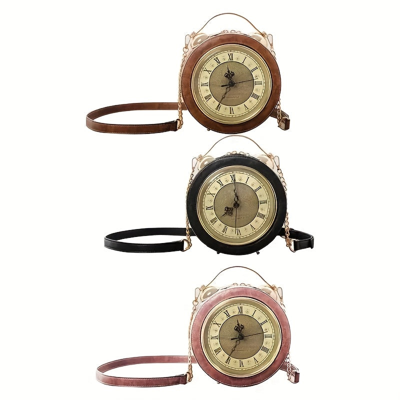 Vintage-Inspired Clock Handbag with Adjustable Strap – Stylish Round Design in Caramel, Pink, or Black – PU Material, Zip Closure, Perfect for Casual Outings