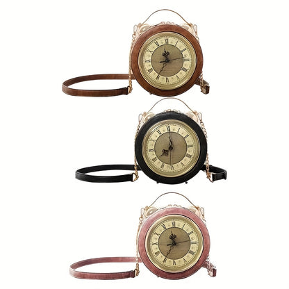 Vintage-Inspired Clock Handbag with Adjustable Strap – Stylish Round Design in Caramel, Pink, or Black – PU Material, Zip Closure, Perfect for Casual Outings