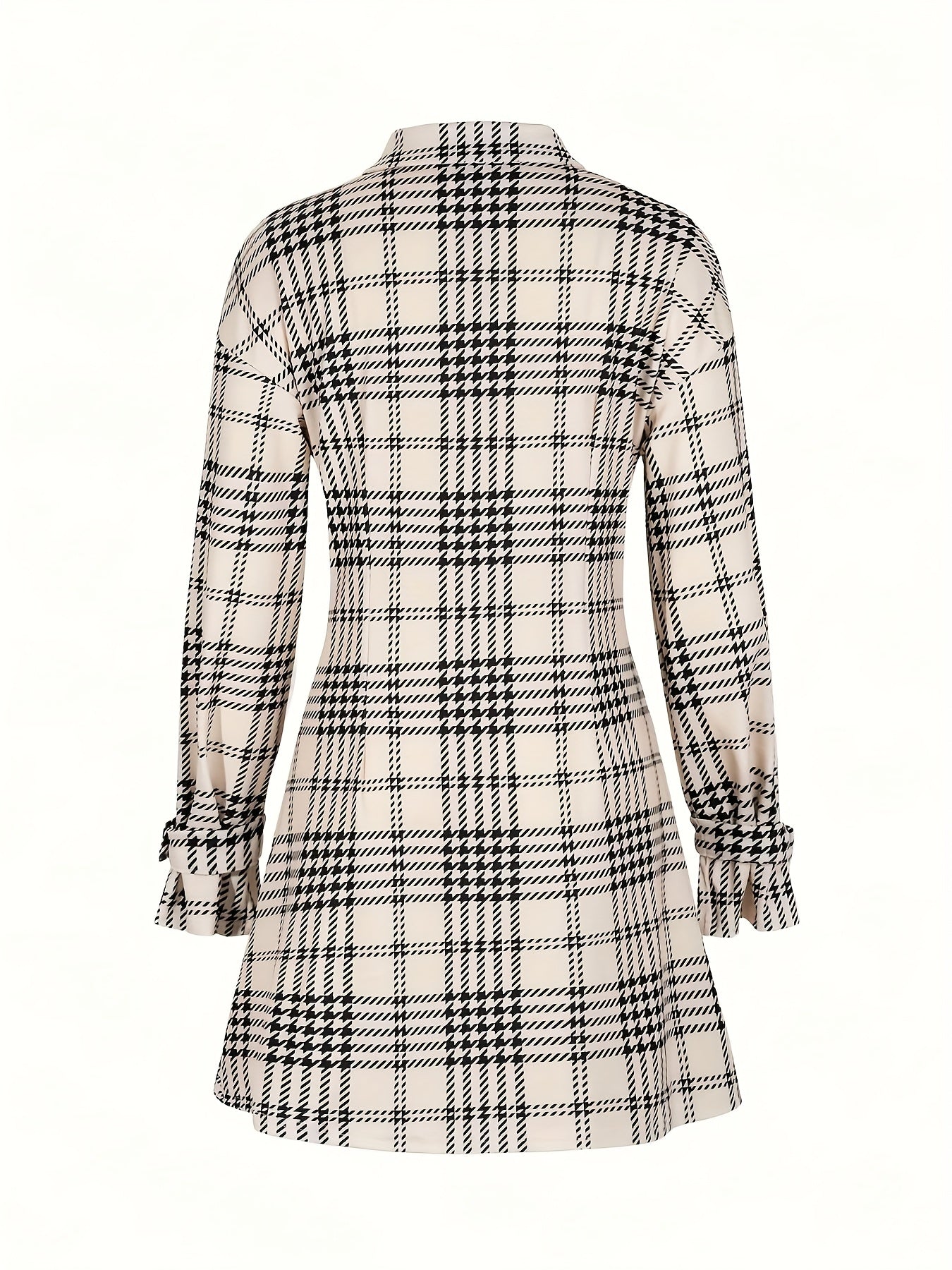 A Shirt Dress with a Houndstooth Pattern, Featuring Detailed Front Buttons And Pleats on The Front Placket.