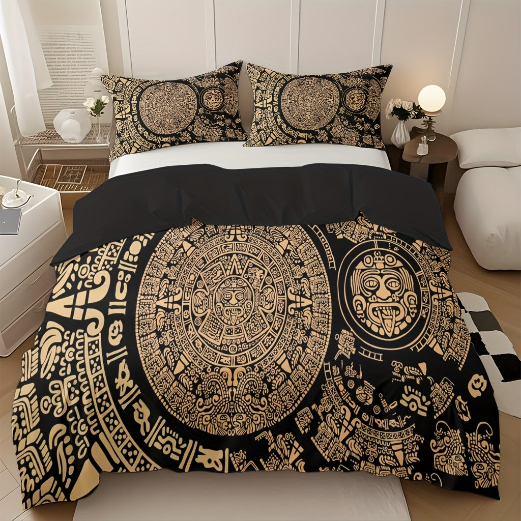 3pcs Comfortable Retro Mayan Civilization Theme Duvet Cover Set, Soft High-Definition Digital Print, Black And Golden Design, All-Season, Family And Friends Gift, Machine Washable (1 Duvet Cover + 2 Pillowcases, No Filling)