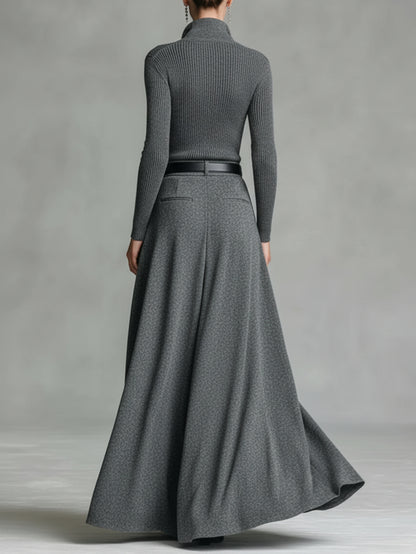 Women's - 2pcs Set: Gray Ribbed Top + Flowing Wide-Leg Skirt | Effortlessly chic pieces for city strolls, casual gatherings, and fall/winter outfits.