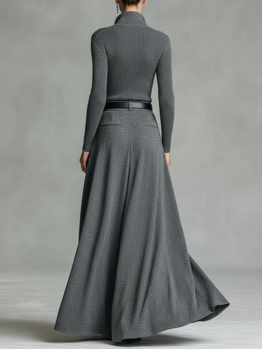 Women's - 2pcs Set: Gray Ribbed Top + Flowing Wide-Leg Skirt | Effortlessly chic pieces for city strolls, casual gatherings, and fall/winter outfits.