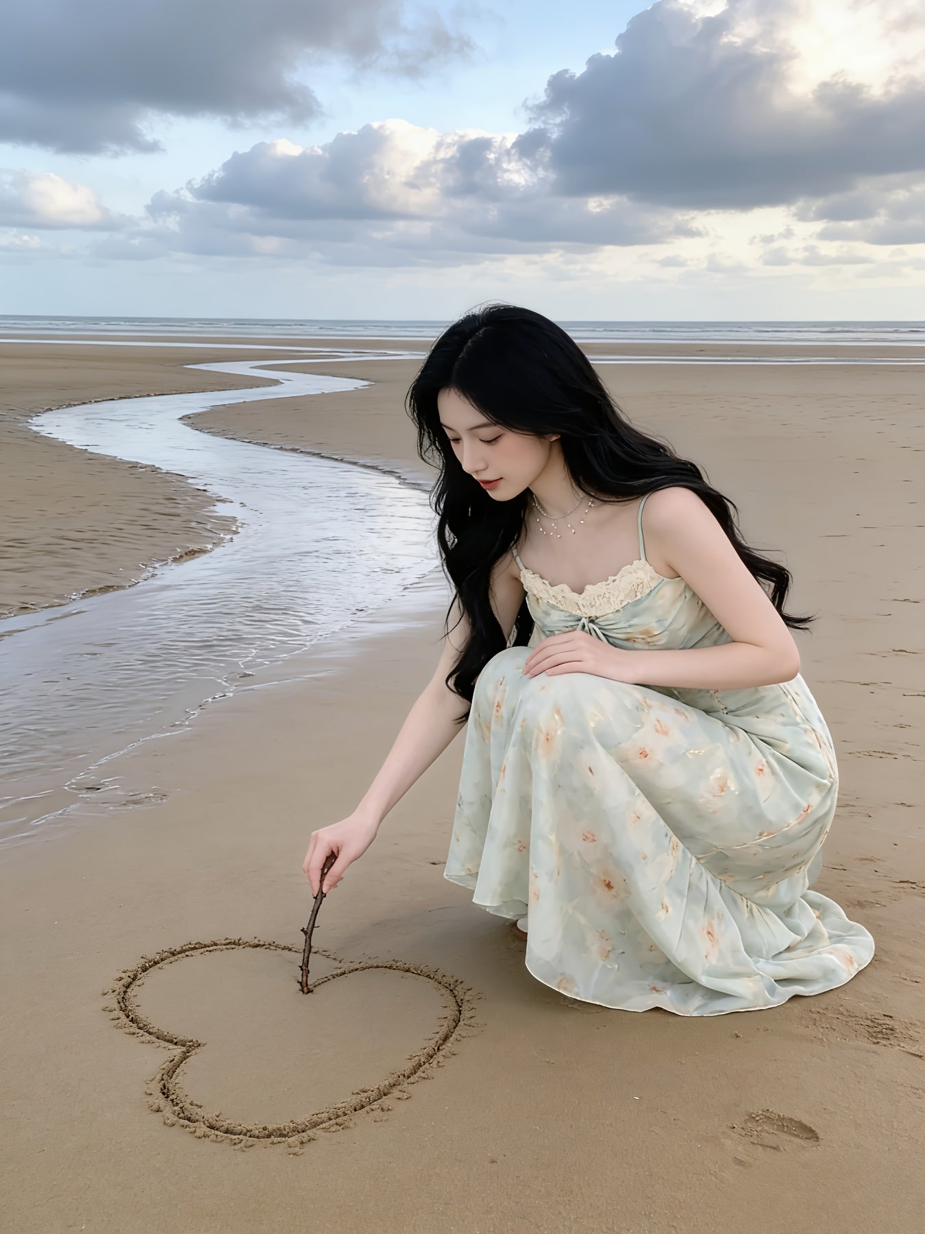 New French Floral Spaghetti Suspender Dress - Soft-Style Tea Dress, Women's Fresh Floral Waist-Tied Golden-Stamped Bow Spaghetti Suspender Dress
