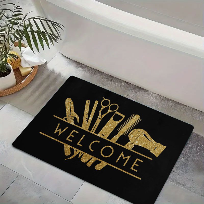 1pc Salon Barber Shop Mat - Anti-Slip Bathroom with Golden Hair Tools Design (Scissors, Comb, Boots), Extra Large Non-Slip Door Mat for Salon, Bathroom, Entryway - Machine Washable Heavy-Duty Rubber Base - Ideal Gift for Hair