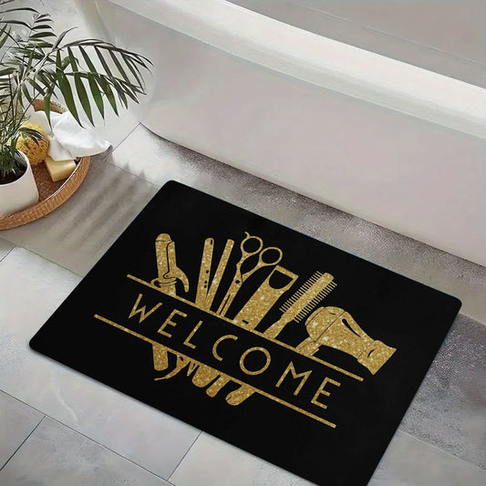 1pc Salon Barber Shop Mat - Anti-Slip Bathroom with Golden Hair Tools Design (Scissors, Comb, Boots), Extra Large Non-Slip Door Mat for Salon, Bathroom, Entryway - Machine Washable Heavy-Duty Rubber Base - Ideal Gift for Hair