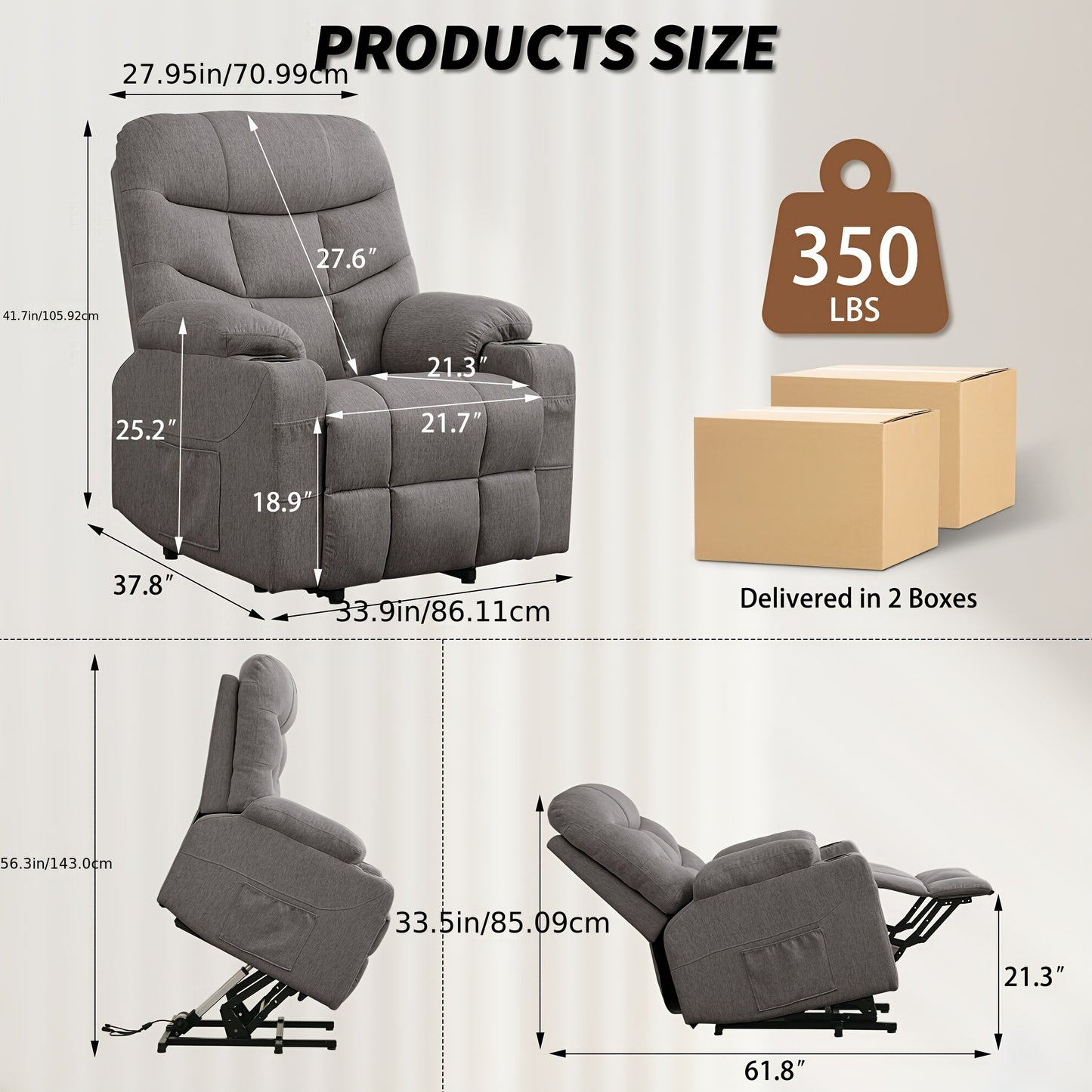 Power Lift Recliner Chair For Elderly And Adults, Power Recliner Chair With Massage And Heating, Electric Recliner With Remote Control And Cup Holders For Living Room, Grey Linen Fabric