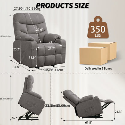 Power Lift Recliner Chair For Elderly And Adults, Power Recliner Chair With Massage And Heating, Electric Recliner With Remote Control And Cup Holders For Living Room, Grey Linen Fabric
