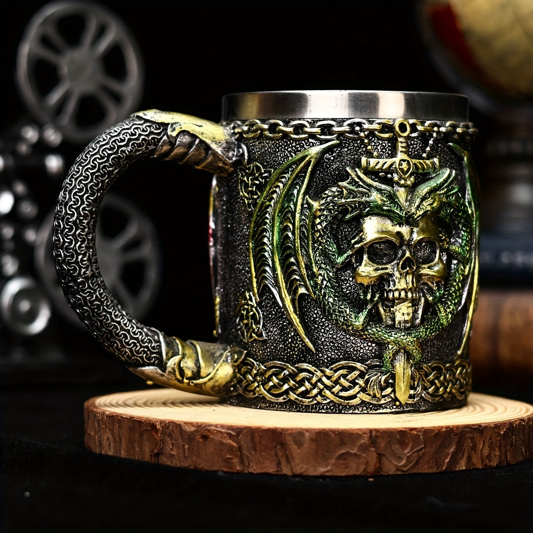 Medieval Collectible Drinkware (Hand Wash Only) - 2024 Dragon Warrior Gothic - 3D Dragon & Skull Coffee Mug & Beer Cup - Stainless Steel Insulining Cup with Celtic Knot Design - Viking-Themed Gift for Men - Christmas - Hallow