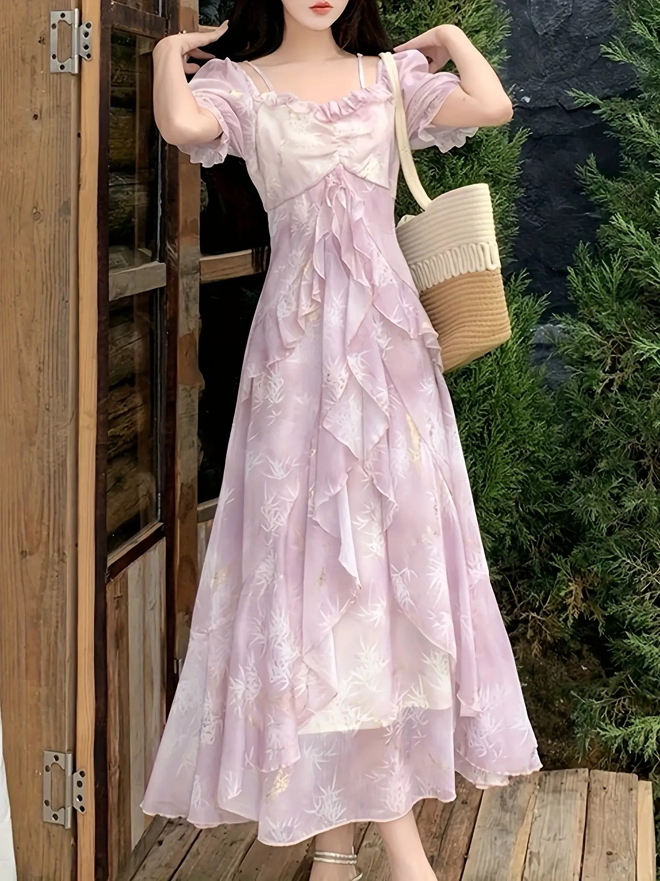 A Stylish Off-Shoulder Long Sleeve Dress for Women Featuring a Lavender Floral Pattern, Ruffle Collar, And A-Line Silhouette. Suitable for Both Formal And Casual Occasions, This Machine Washable Dress Is Perfect for Spring An