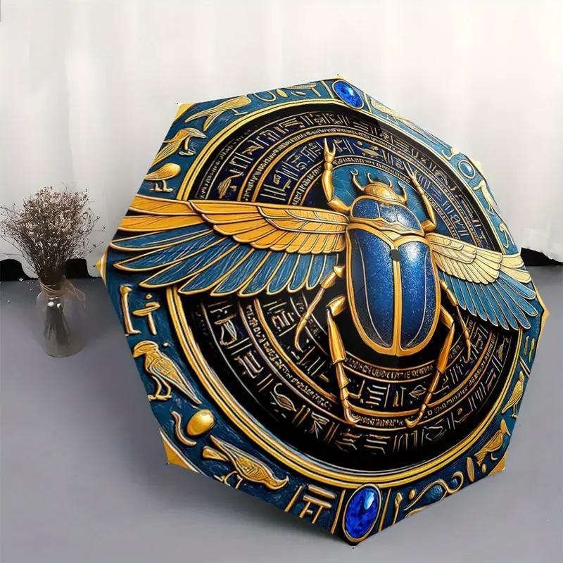 Automatic Open/Close Egyptian Hieroglyphics & Scarab Beetle Umbrella - Navy Blue & Golden Ancient Egyptian Design, 8-Rib Sturdy Frame, Compact Travel Umbrella with Automatic, Portable Rain Cover, Ideal Gift For History Lovers