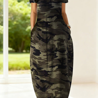 Plus Size - This Is a Maxi Dress for Plus-Size Women Featuring Short Sleeves And a Camo Print. It Has a U-Neck Design And Is Perfect for Casual Outings, Daily Wear, And Bohemian Styles During Spring And Summer. The Dress High