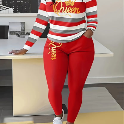 Women's Striped Long Sleeve Pants Set, Queen Letter Print, Pants with Pockets