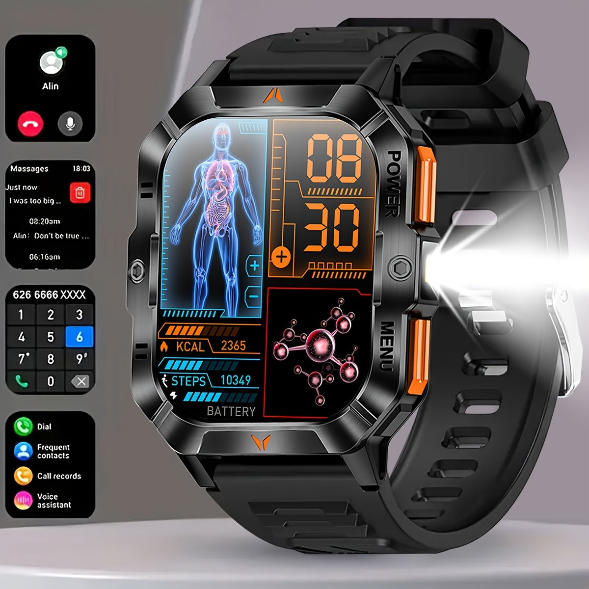 COIUSOR Men'S 2.01-Inch Sports Smart Watch, Built-In LED Flashlight, Receive/Make Calls, Mobile Phone Sync Information, 100+ Sports Modes, High Quality, Outdoor Exercise Fitness Device, Suitable for Iphone And Android Phones