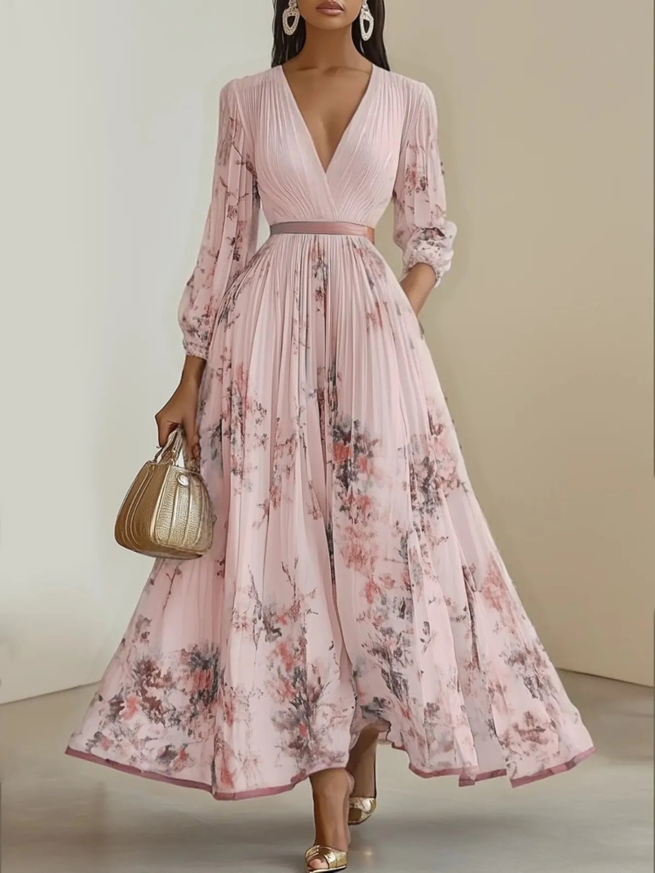 Women's Elegant A-Line Maxi Dress with V-Neck & full-length Zipper Back - Long Sleeve Summer Wedding Guest Gown, Pleated Maxi, Non-Stretch Fabric (Hand Wash/Dry Clean) - Floral print suitable for Prom, Party, Special Occasion