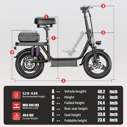 Peak Power 740W Electric Scooter With Free Seat & Basket - 48V10/15AH Battery, Dual Suspension, 20MPH, 10-35 Miles, LCD Display, 330lbs Max Load (Best For Commuting) Folding Ebike Adult Mini Electric Bike Equipped With Intell