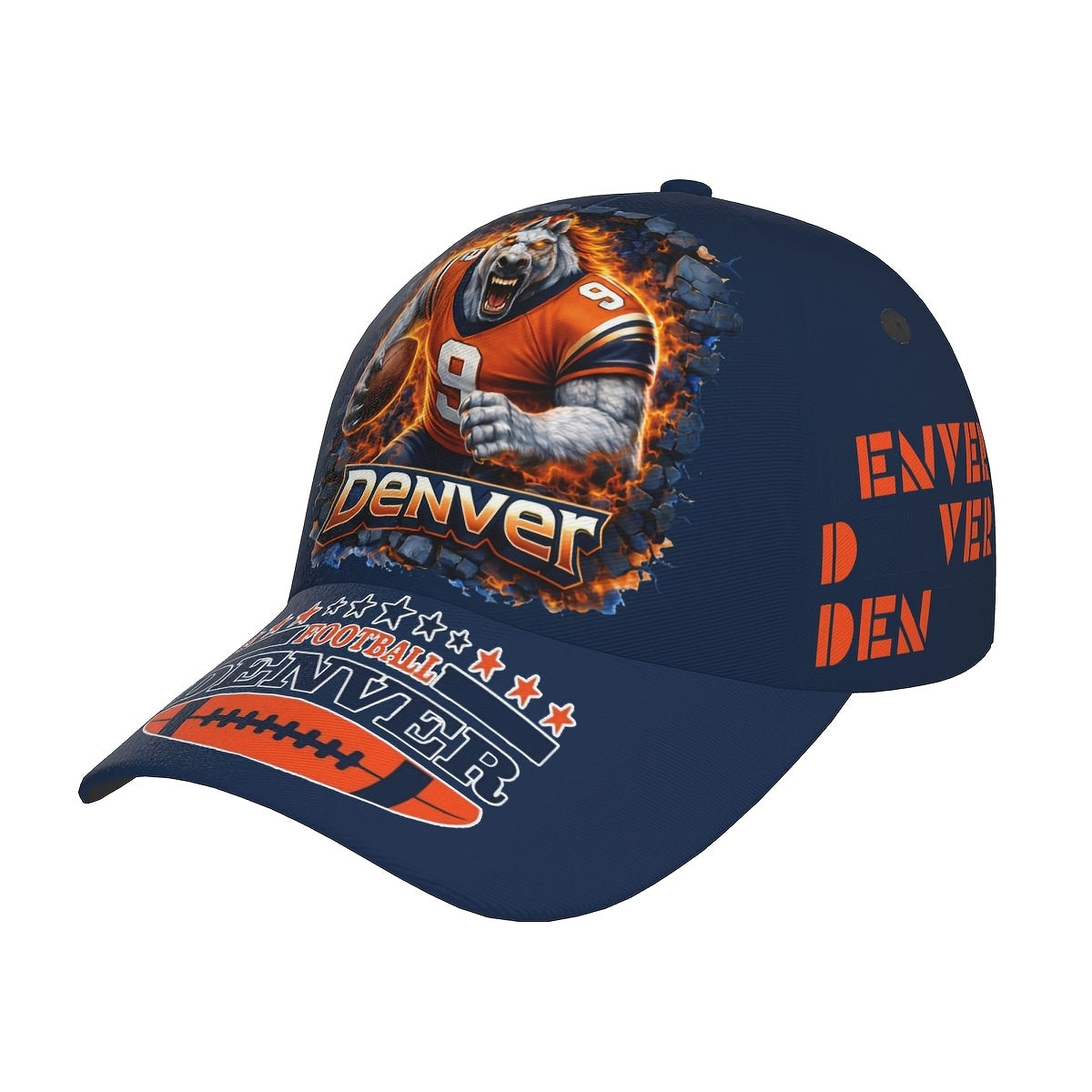 Dark Blue-Orange Football Wolf Player Flame Graphic Fan Baseball Cap - 100% Polyester Breathable Adjustable Comfort Cap