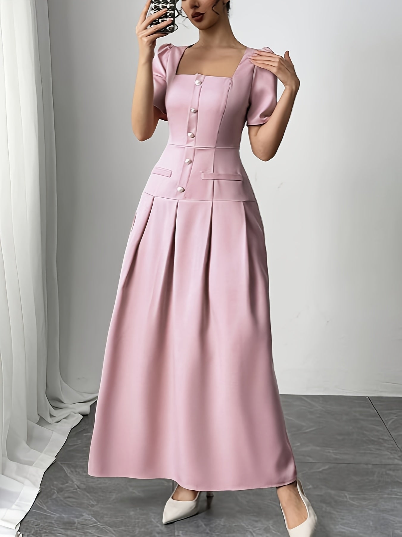 Women's 2026 Summer Elegant Minimalist Square Neck Puff Sleeve Waist Cinched Slim Fit Maxi Dress