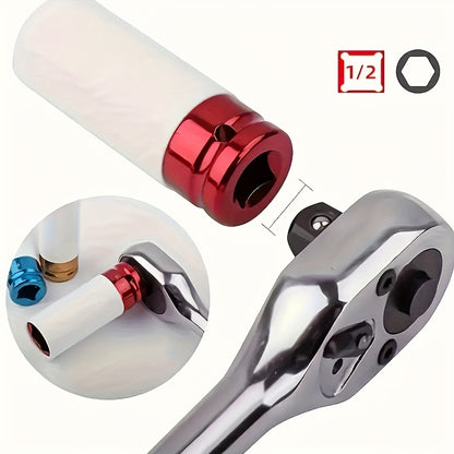 4pcs wheel hub protection hexagonal deep socket/ratchet wrench set, 1/2" drive, metric 17, 19, 21mm wheel guard six-point deep socket, 1/2" oscillating and telescopic ratchet wrench, automotive wheel hub nut tightening tool