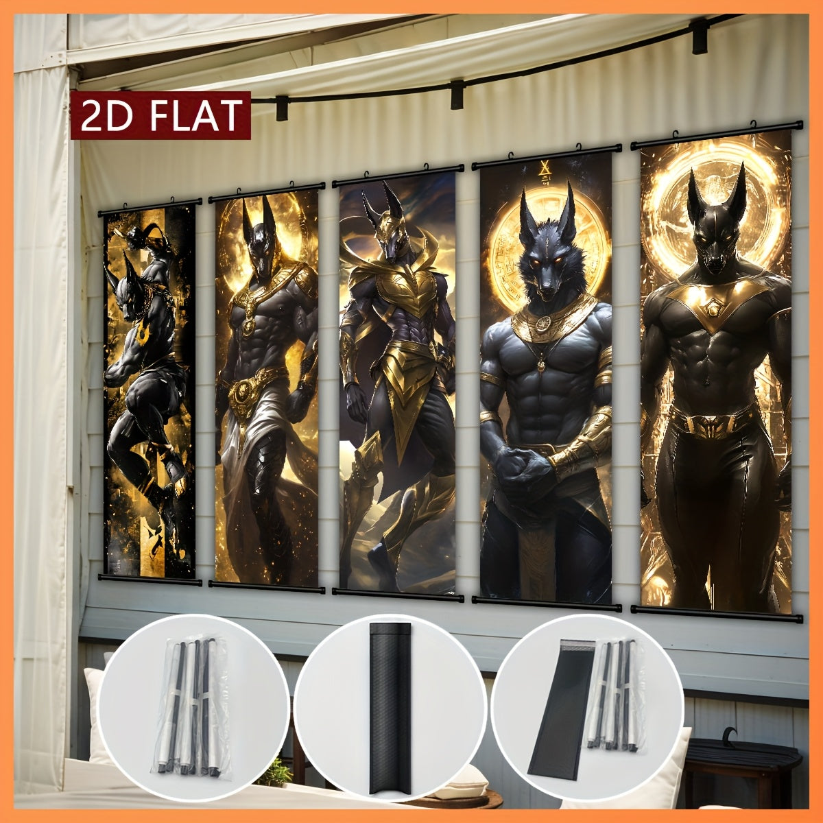 2D/Flat-5pcs Set of Framed Anubis Plastic Hanging Paintings, Retro Canvas Wall Art, Anime Scroll Painting Posters, Modern Home Decoration, Egyptian Theme Poster Pictures, with Plastic Frame Hooks