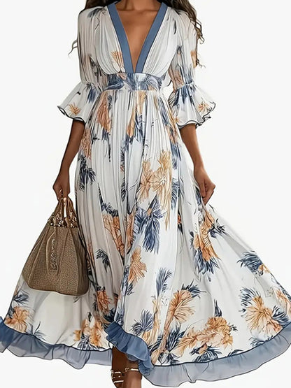 Women'S Maxi Dress with Deep V-Neck and Flare Sleeves, Floral Print | Elegant Flowy Silhouette, Exquisite Details, Romantic Floral Patterns, Perfect for Wedding Guests, Parties, and Evening Events, SCACTO Brand