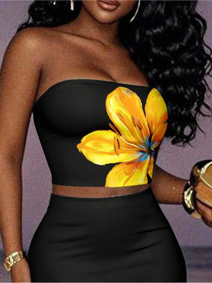 Sexy Leopard Print& Floral Pattern Halter Crop Top And Mermaid Skirt 2pcs Set, Casual& Sexy Style, Suitable for Summer Vacation