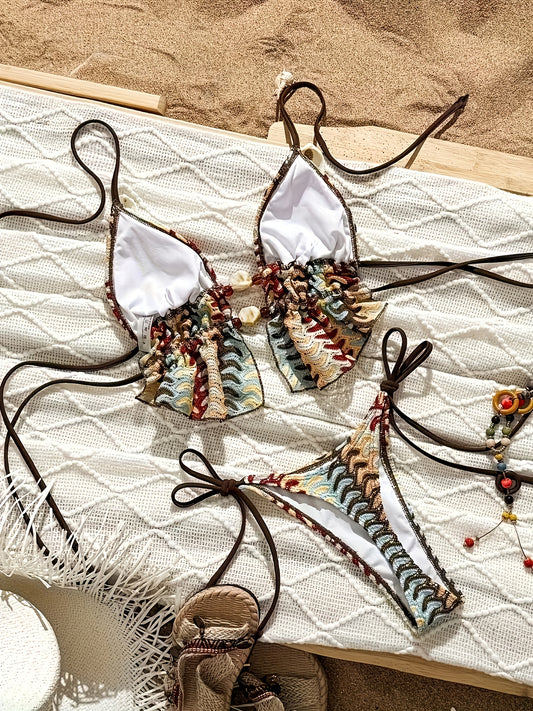 Women's Fashion Sexy Bohemian Print Halter Bikini Set Stone Bead Decoration Textured Fabric Two-piece Swimsuit Suitable for Beach Vacation And Poolside Attire Fully Showcases Feminine Fashion Charm
