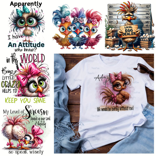 Set of 12 Colorful And Self-Disciplined Chicken Image Thermal Transfer Stickers for Projects, Suitable for Washable Prints on T-Shirts And Iron-On Patches, Featuring High-Definition Printing Effects for Decorating Bags And Cl