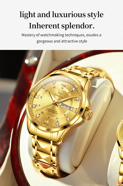 OLEVS Men's Luxury Business Chronograph Watch - Stainless Steel Dual Date & Day Calendar, Luminous Hands, Quartz Movement, Black Dial with Golden Accents for Formal & Casual Wear, Professional Timepiece, Sophisticated Style,