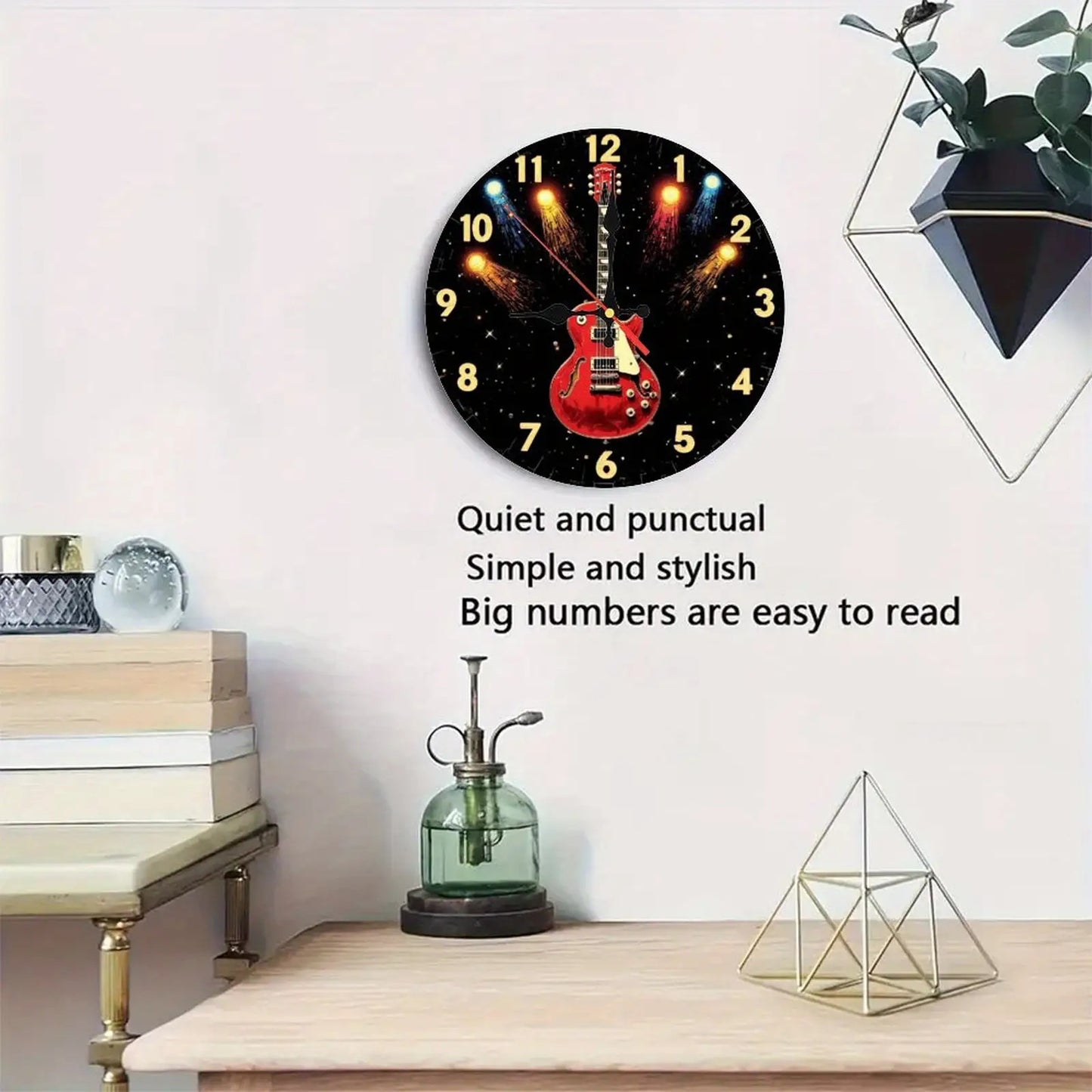 bell Z, 1pc Guitar Theme Wooden Wall Clock- Silent Non-Ticking Japanese Quartz Movement, AA Battery Powered(Not Included), Bright Red Electric Guitar and Fireworks Star Pattern, Round Shape Suitable for Living Room, Bedroom,