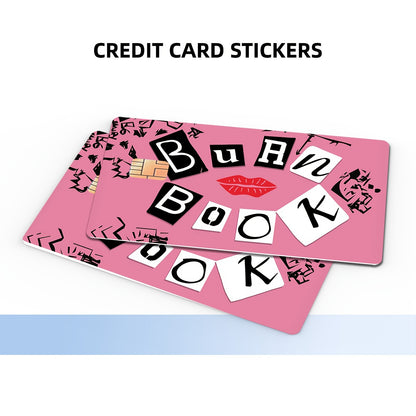 4-Pack Cute Color Block PVC Credit Card Skins - Pink & Design with "Burn Book" Text, Anti-Scratch & Waterproof Vinyl Stickers for Debit, Transit