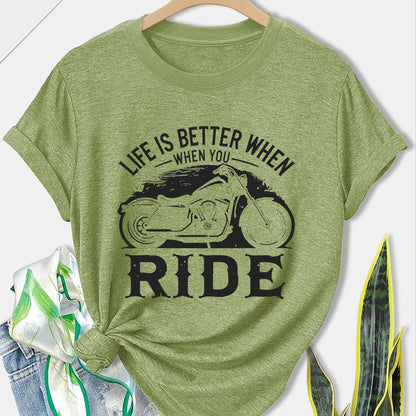 Women'S Motorcycle Graphic Long Sleeve T-Shirt - Turquoise Riding Slogan Print, Loose Fit Casual Top with Round Neck, All-Season Comfort for Motorcycle Enthusiasts, Outdoor Riding & Casual Attire, Breathable & Durable Apparel