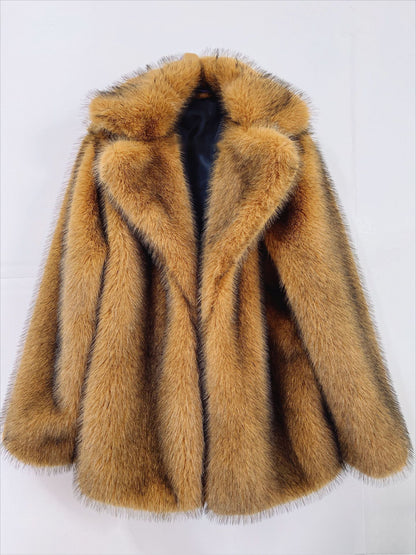 Women'S Elegant Luxurious Mid-Length Faux Fur Coat - Soft Warm Imitation Rabbit & Fox Fur Jacket, Solid Color Winter Outerwear with Full-Length Lining, Cozy Fall/Winter Coat for Casual & Formal Outfits, Versatile Everyday to