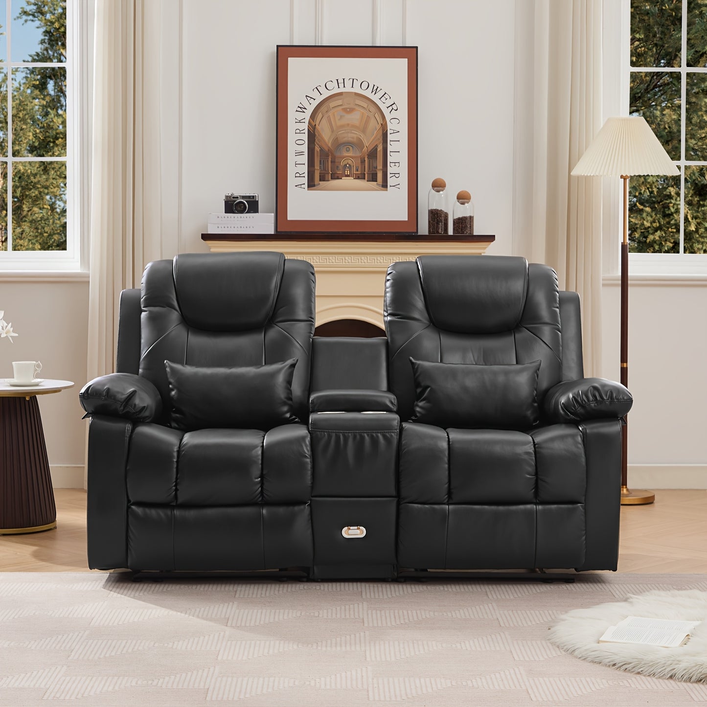 63" Brown Faux Leather Recliner Sofa with Console, Cup Holders, Lumbar Pillow & Storage Pocket - Contemporary Metal Frame Office Chair for Home or Office Use
