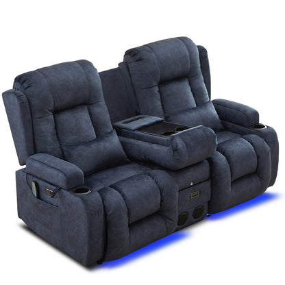 Power Loveseat Recliner Sofa, Home Theater Seating RV Couch with Massage and Heat, Flipped Backrest Console, LED Light, USB Outlets, Velvet