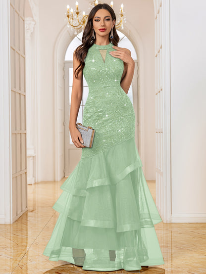 24483A Women's Elegant Halter Neck Sleeveless Sequin Lace Mesh Layered Ruffle Trim A-Line Fitted Wedding Party Bridesmaid Dress Evening Gown Maxi Dress