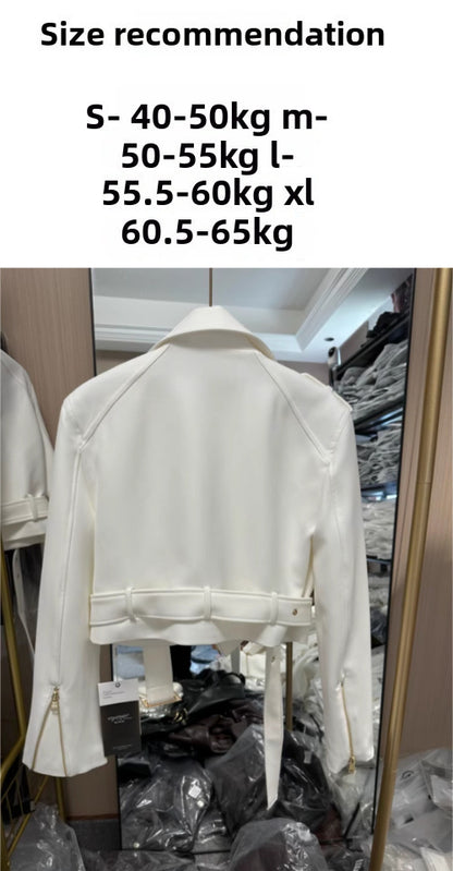 Women'S Retro Motorcycle Jacket - Slim-Fit Short Coat with Stand Collar & Belt, Full-Zip Front Closure, Structured Biker Outerwear for Fall Commuting, Casual to Semi-Formal Outfits (Black/White) - Versatile Layering Piece, Mo