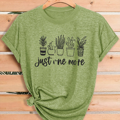 Women'S Green Plant Print T-Shirt with "Just One More" Slogan & Cactus/Succulent Design - Breathable Round Neck Casual Streetwear Top for Gym, Casual Attire, All-Season Comfort - Funny Botanical Graphic Tee for Plant Lovers,