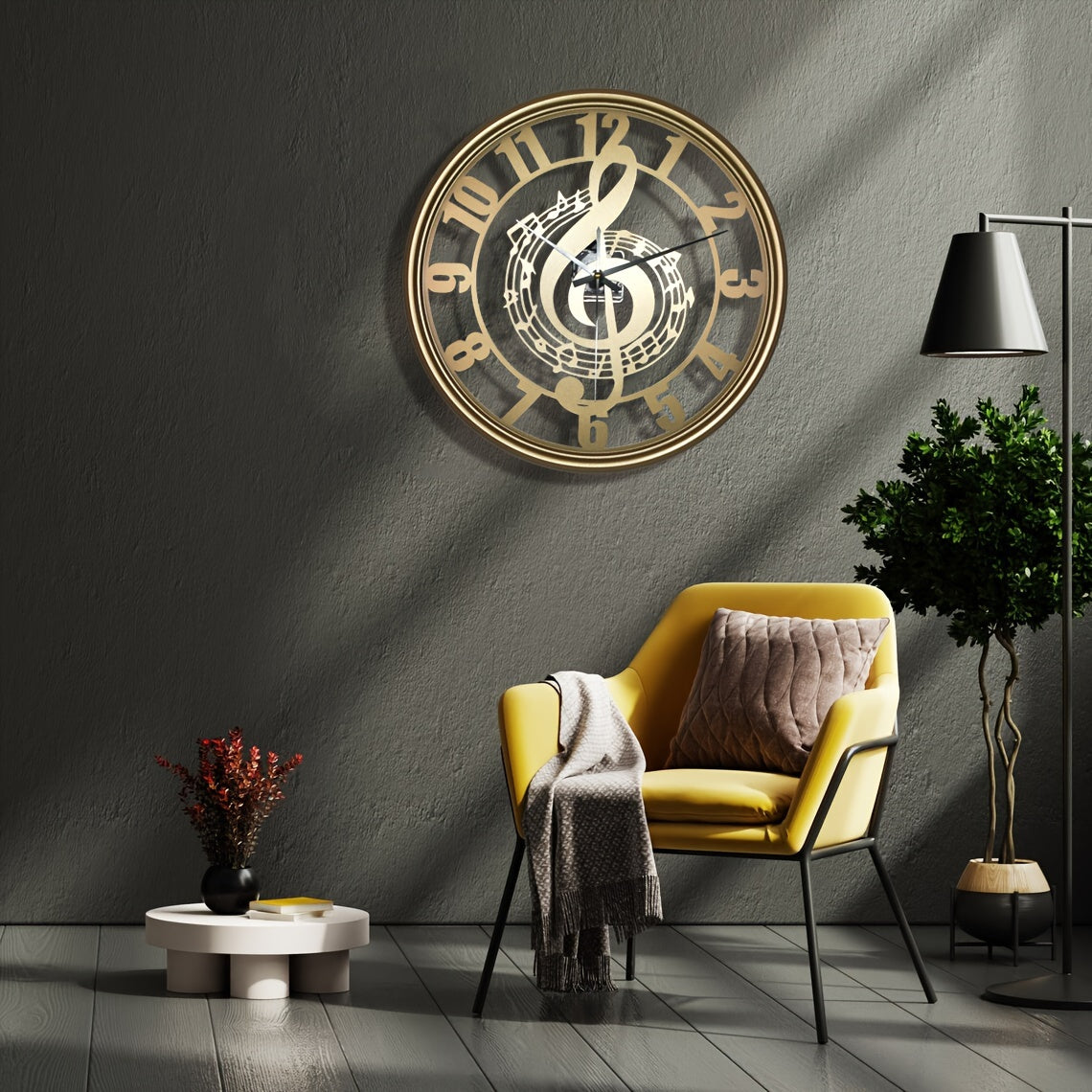 [1pc Music Note Wall Clock] 1pc Music Note Design 16-Inch Metal Wall Clock, Silent Mechanical Movement, Round Shape, Battery Operated with AA Battery (Not Included), Perfect for Classroom, Living Room, Party, Hallway, Housewa