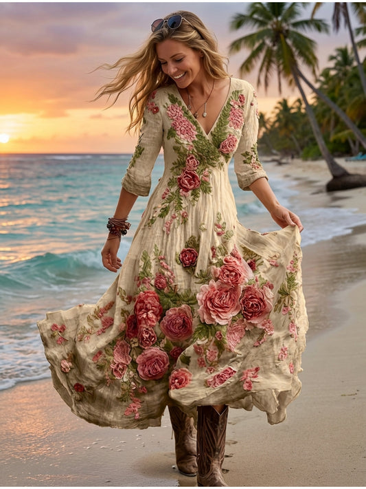 Women's Bohemian A-Line Dress with V-Neck & Cross Back Straps - Short Front Slit & Flowing Floor-Length Skirt, Wedding Guest Gown for Spring Summer Fall Parties, Short Front Long Back Dress (No Underbelly)