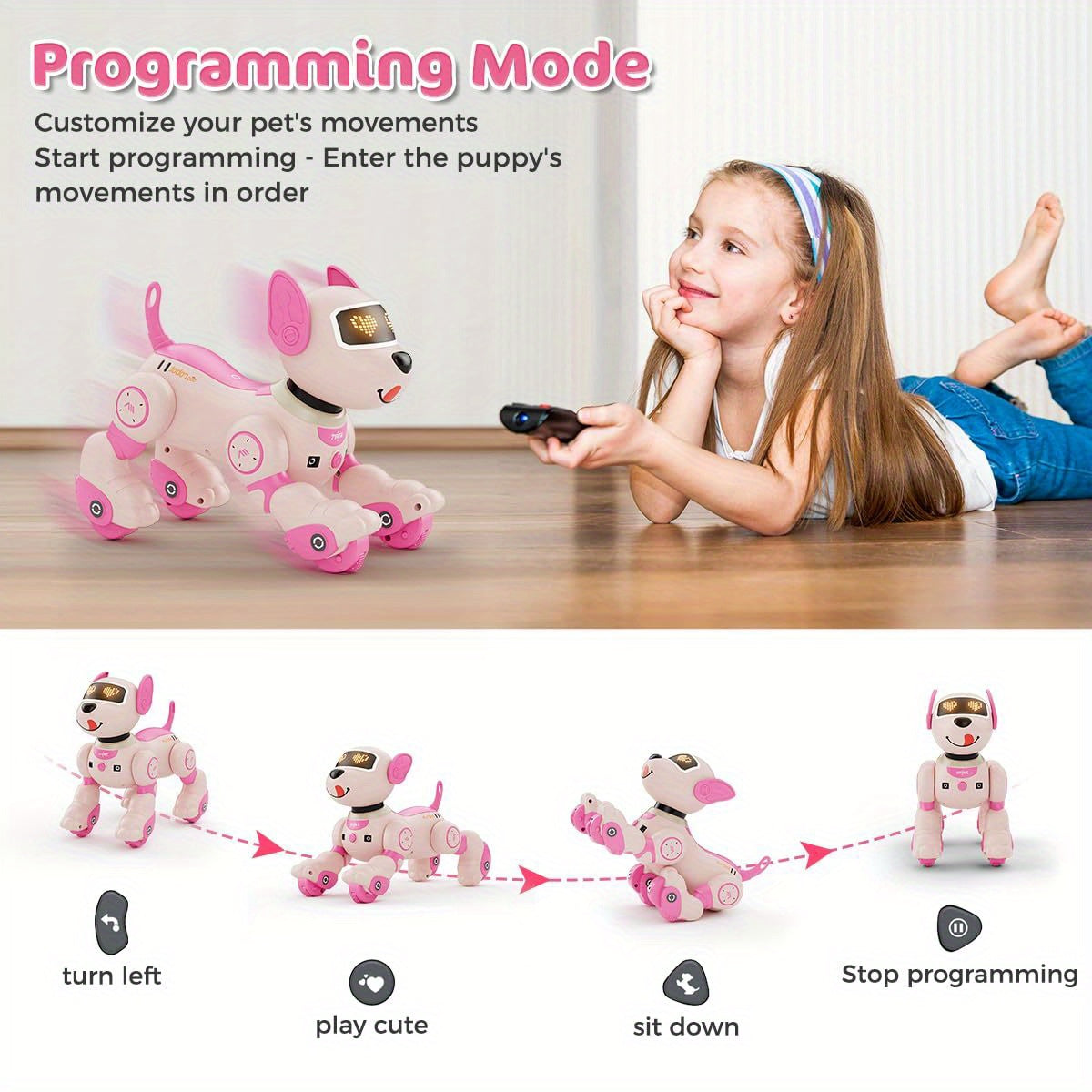 VATOS Interactive Robot Dog Toy with Voice Control & Remote, Smart Robotic Puppy with Touch Sensors, 20+ Responses, Programmable Moves, USB- Interactive Learning Toy with Expressive Eyes & Bark, for Boys & Girls Ages 3+ (Pink