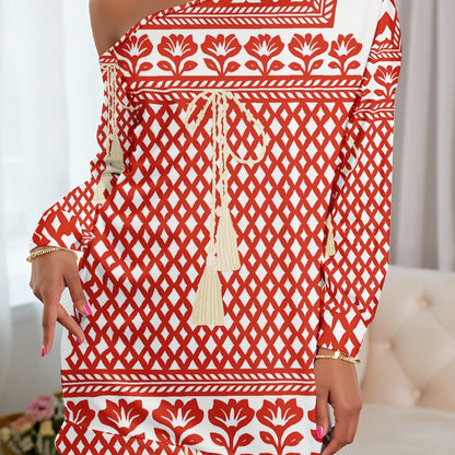 Plus Size, Elegant One-Shoulder/One-Strap Long Sleeve Dress - Red & White Geometric Floral print with Tassel Boho Dress, Fitted Party Wedding Guest Gown, Machine Washable Spring Outfit