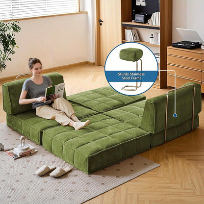 Convertible Sleeper Sofa Bed with Stainless Steels Fixed Frame, Corduroy Folding Futon Couch Bed with Square Pillows, Modular Floor Sofa Lounge Couches Living Room Bedroom-Green