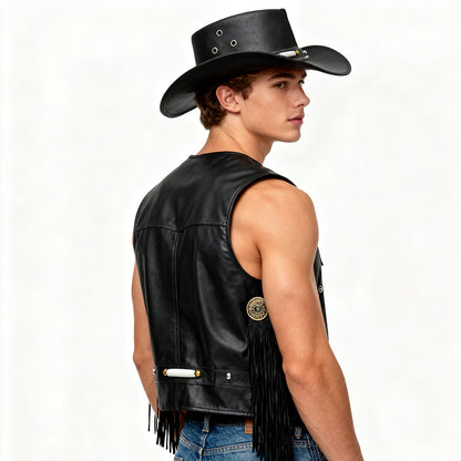 1pc Black Casual Fashion Funky Wide Brim Lightweight Western Cowboy Leather Hat for Men Women, Ideal for Party and Dating, Festival Wear, for party Accessory, Funky Style, Stylish Headwear, Durable Material, Lining, Unisex Ha