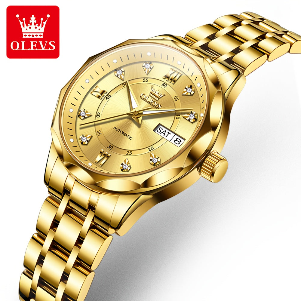 OLEVS Women'S Stainless Steel Automatic Mechanical Watch with Luminous Hands & Chronograph - Golden-Tone Elegant Round Watch, High Quality (Not), Luxury Analog Wristwatch for Women, No Battery/Easy Maintenance, Durable Everyd