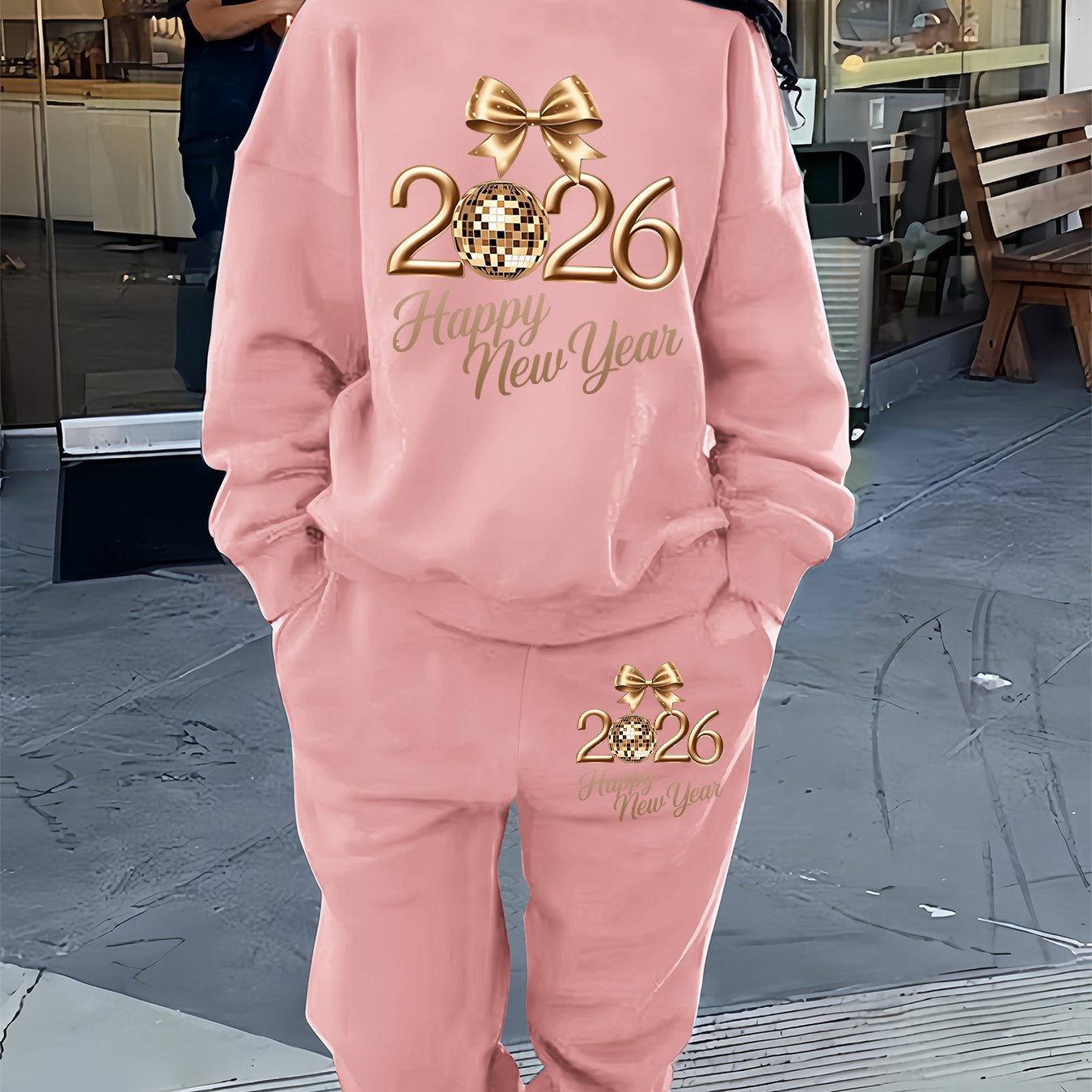 Women'S Casual Crew Neck Sweatshirt & Pants Set - Cozy Fleece-Lined Two-Piece Outfit with "Happy New Year" Print, Perfect for Fall/Winter, Casual Wear, |playful Print|fleece Lined Pants, Sweater Pants