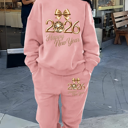 Women'S Casual Crew Neck Sweatshirt & Pants Set - Cozy Fleece-Lined Two-Piece Outfit with "Happy New Year" Print, Perfect for Fall/Winter, Casual Wear, |playful Print|fleece Lined Pants, Sweater Pants
