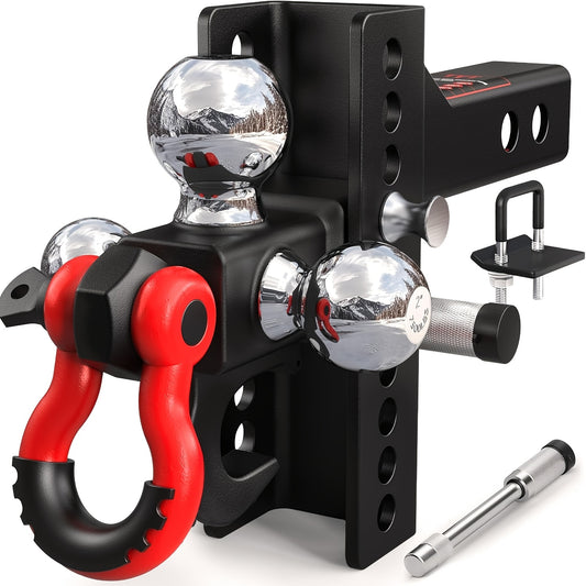 Adjustable Heavy-Duty Trailer Hitch Tri-Ball Mount With Tow Hook & Swivel Shackle, Fits 2" Receiver, 4-1/2" Rise/Drop, Includes 1-7/8", 2", & 2-5/16" Balls, Secure Hitch With Locks & Pin