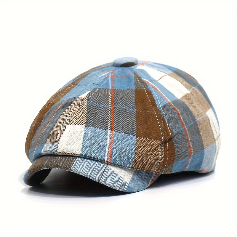 New Plaid Octagonal Hat, Vintage Artistic Newsboy Cap, Women'S Casual Beret, British Style, Lightweight, Non-Stretch, with Random Printing Pattern, for Holida