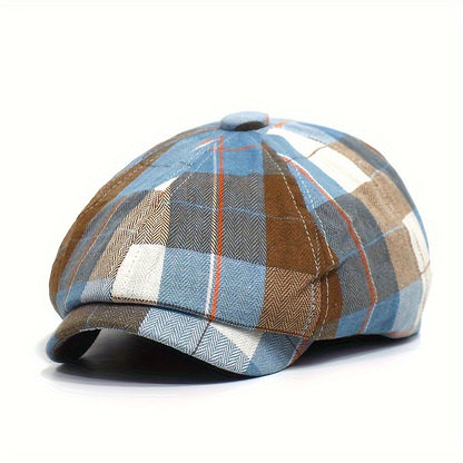 New Plaid Octagonal Hat, Vintage Artistic Newsboy Cap, Women'S Casual Beret, British Style, Lightweight, Non-Stretch, with Random Printing Pattern, for Holida